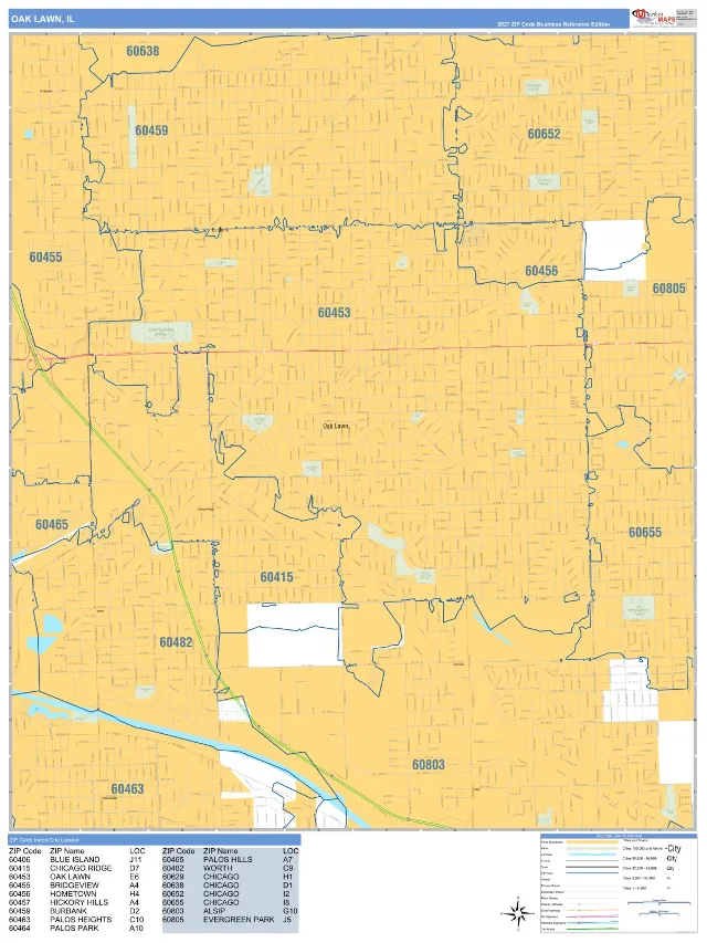Oak Lawn, IL ZIP Code Wall Map, Business Reference style