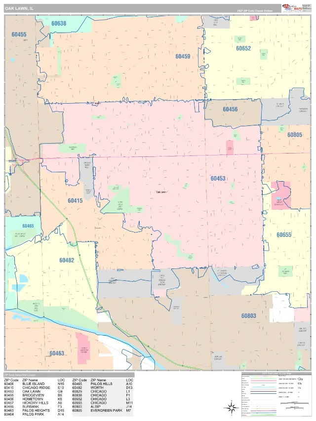 Oak Lawn, IL ZIP Code Wall Map, Classic style