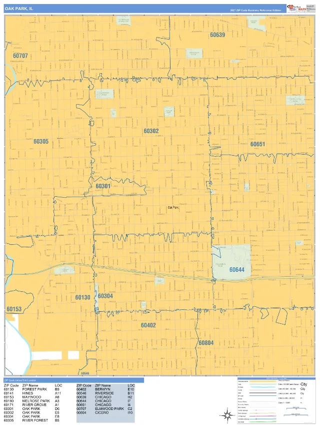 Oak Park, IL ZIP Code Wall Map, Business Reference style