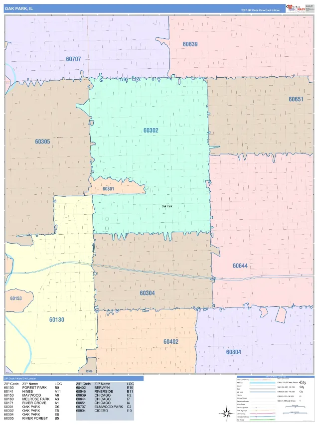 Oak Park, IL ZIP Code Wall Map, ColorCast style