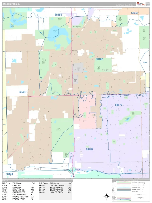 Orland Park, IL ZIP Code Wall Map, Classic style