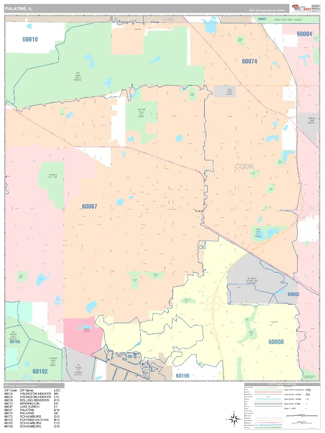 Palatine, IL ZIP Code Wall Map, Classic style