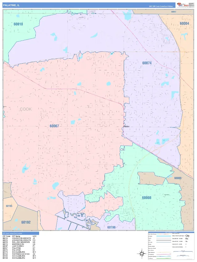 Palatine, IL ZIP Code Wall Map, ColorCast style