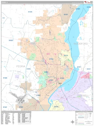 Peoria, IL Classic style ZIP Code wall map