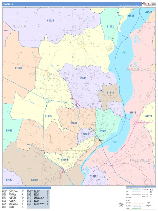 Peoria, IL ZIP Code Wall Map, ColorCast style