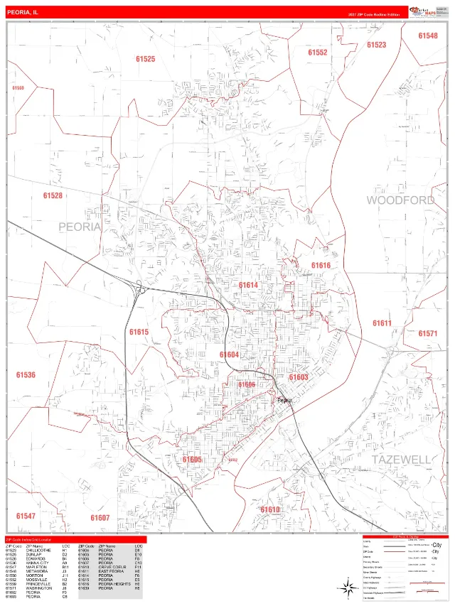 Peoria, IL ZIP Code Wall Map, RedLine style