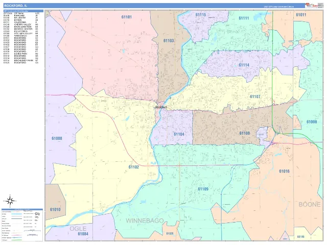 Rockford, IL ZIP Code Wall Map, ColorCast style