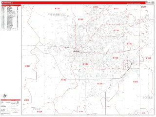 Rockford, IL RedLine style ZIP Code wall map
