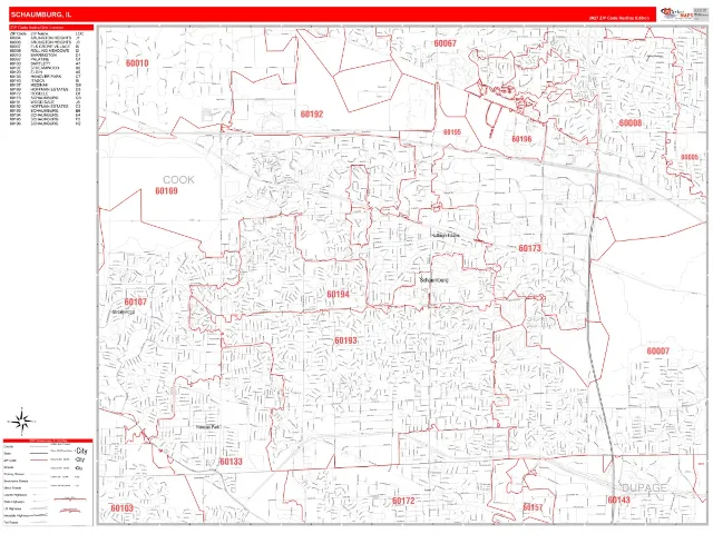 Schaumburg, IL ZIP Code Wall Map, RedLine style