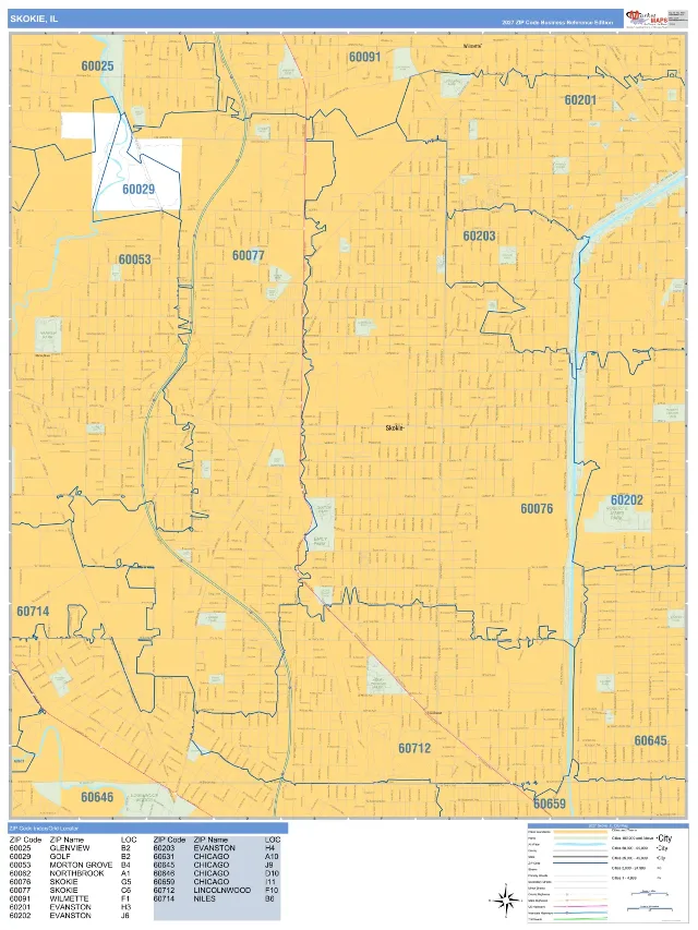 Skokie, IL ZIP Code Wall Map, Business Reference style