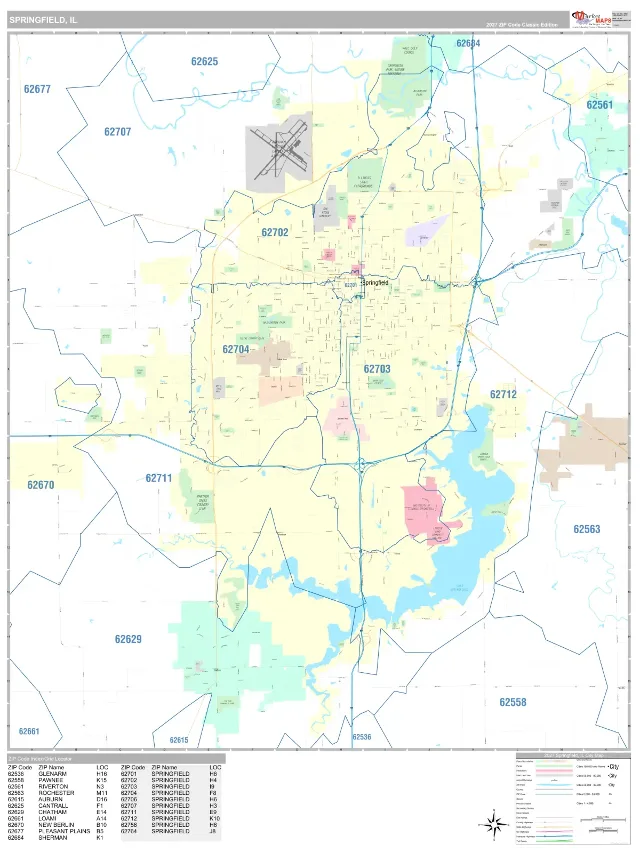 Springfield, IL ZIP Code Wall Map, Classic style