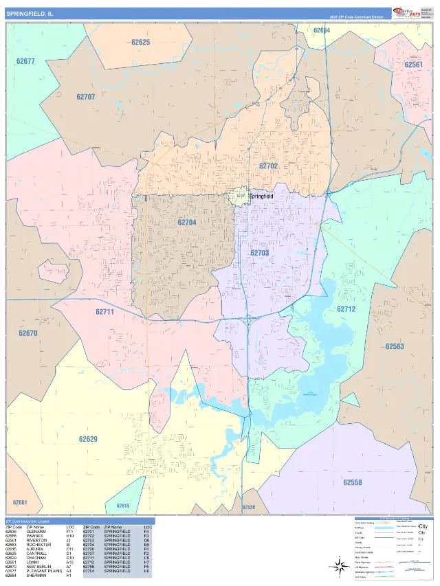 Springfield, IL ZIP Code Wall Map, ColorCast style