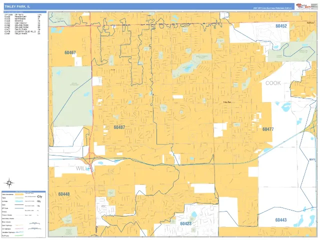 Tinley Park, IL ZIP Code Wall Map, Business Reference style