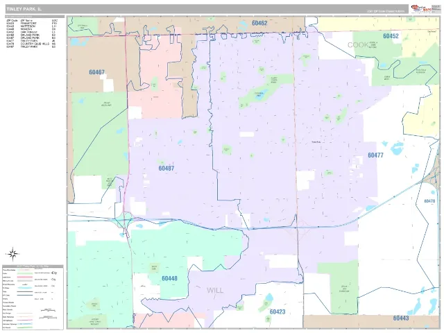 Tinley Park, IL ZIP Code Wall Map, Classic style
