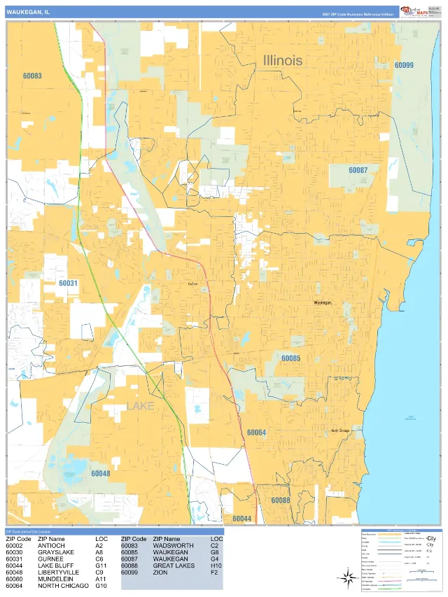 Waukegan, IL ZIP Code Wall Map, Business Reference style
