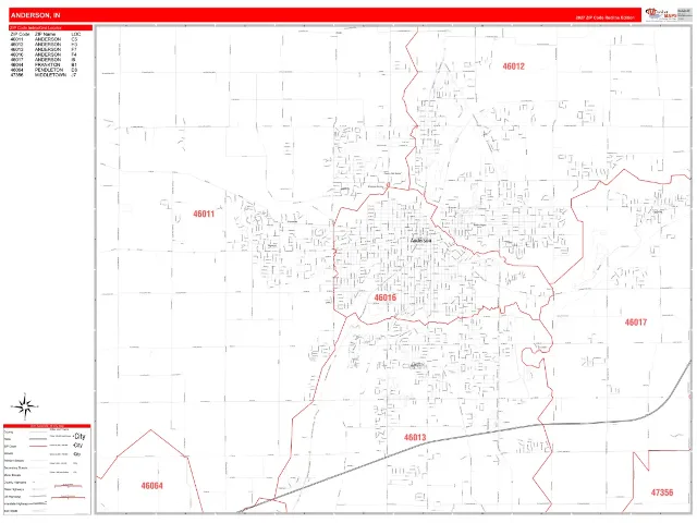 Anderson, IN ZIP Code Wall Map, RedLine style