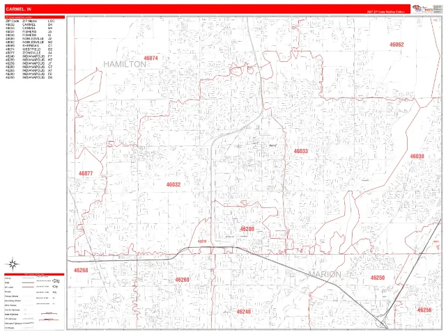 Carmel, IN ZIP Code Wall Map, RedLine style