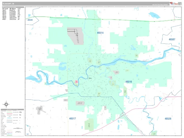 Elkhart, IN ZIP Code Wall Map, Classic style