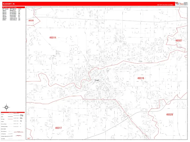 Elkhart, IN ZIP Code Wall Map, RedLine style