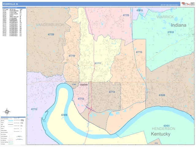 Evansville, IN ZIP Code Wall Map, ColorCast style