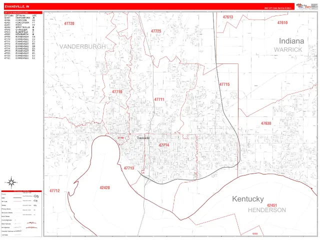 Evansville, IN ZIP Code Wall Map, RedLine style