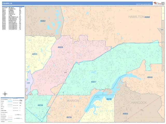 Fishers, IN ZIP Code Wall Map, ColorCast style