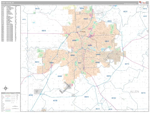 Fort Wayne, IN ZIP Code Wall Map, Classic style