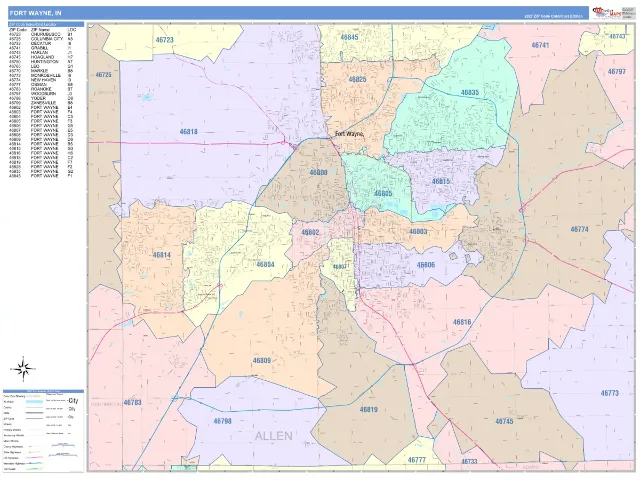 Fort Wayne, IN ZIP Code Wall Map, ColorCast style