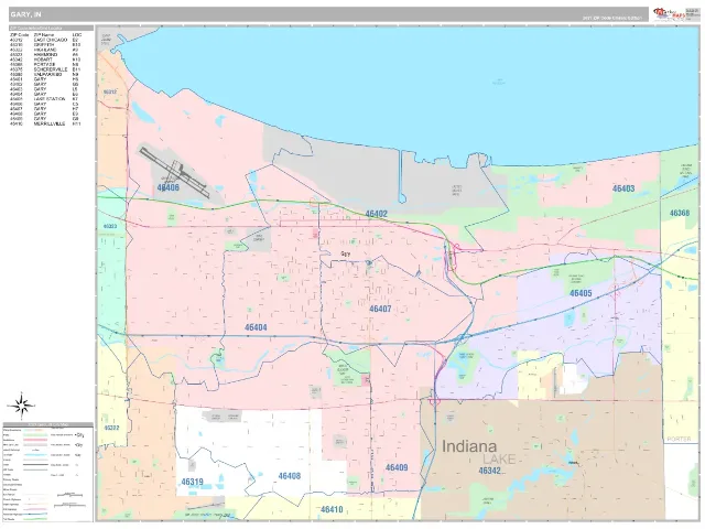 Gary, IN ZIP Code Wall Map, Classic style