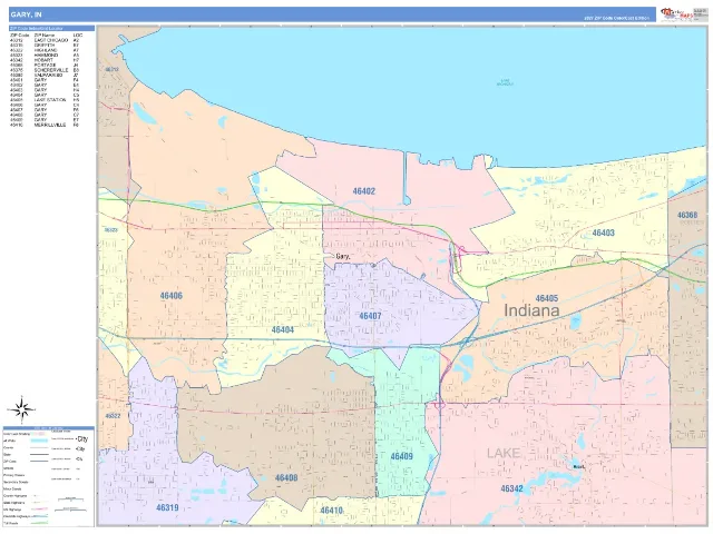 Gary, IN ZIP Code Wall Map, ColorCast style