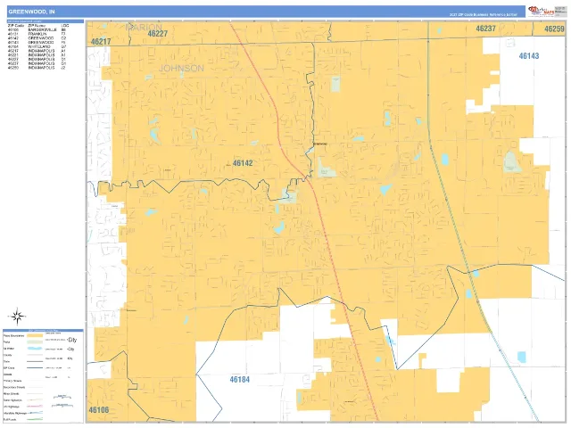 Greenwood, IN ZIP Code Wall Map, Business Reference style