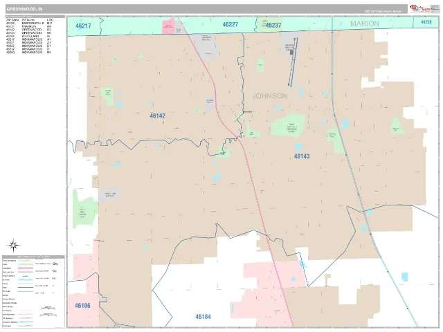 Greenwood, IN ZIP Code Wall Map, Classic style