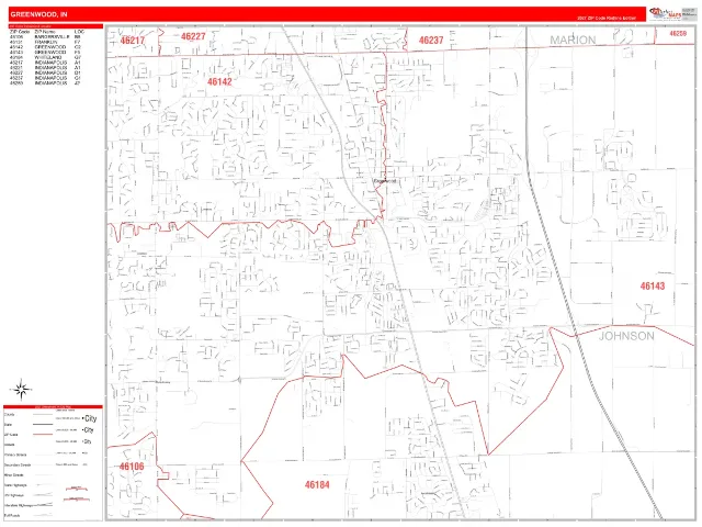 Greenwood, IN ZIP Code Wall Map, RedLine style