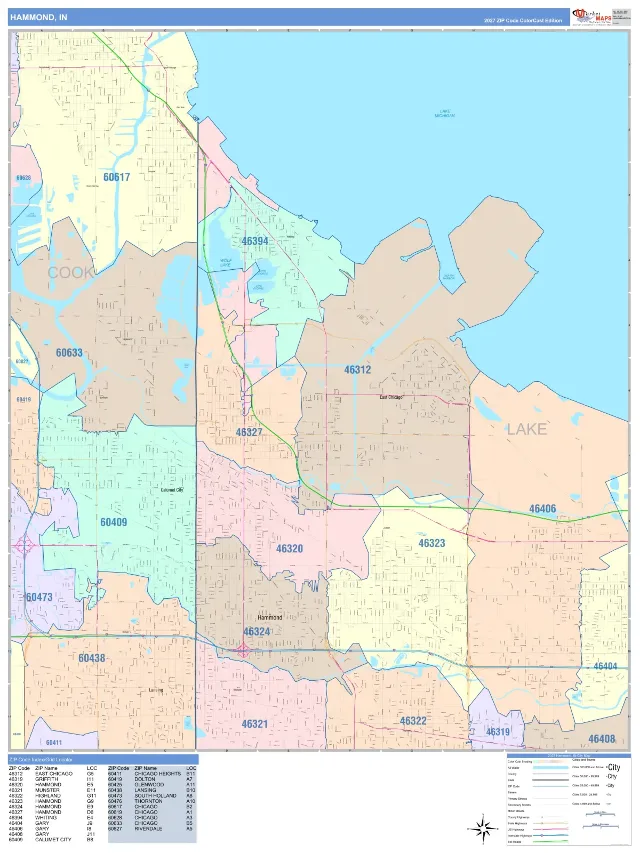 Hammond, IN ZIP Code Wall Map, ColorCast style