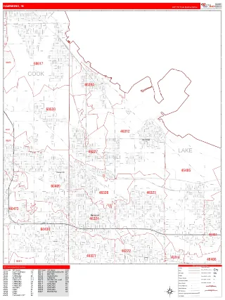 Hammond, IN RedLine style ZIP Code wall map