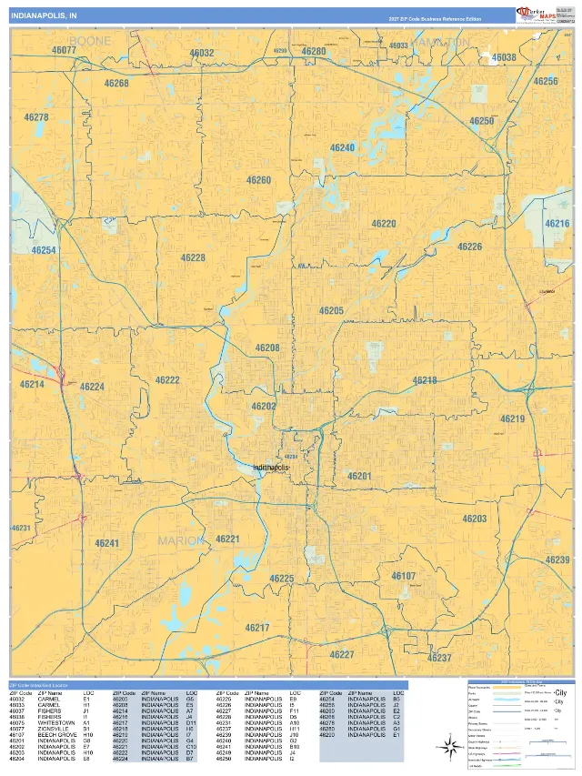 Indianapolis, IN ZIP Code Wall Map, Business Reference style