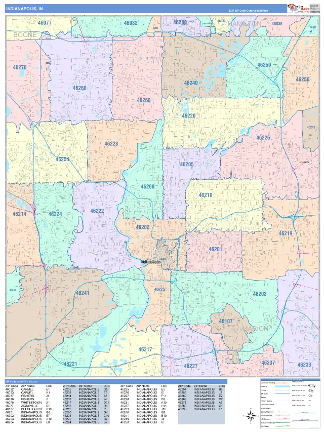 Indianapolis, IN ZIP Code Wall Map, ColorCast style