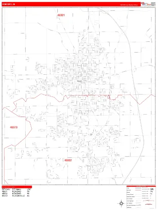 Kokomo, IN RedLine style ZIP Code wall map