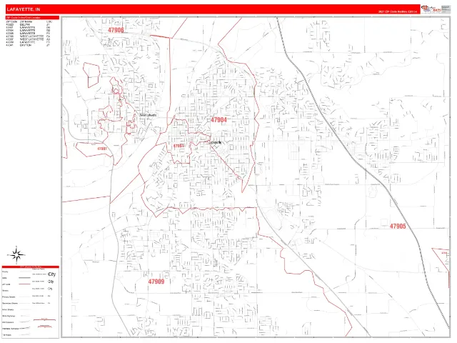 Lafayette, IN ZIP Code Wall Map, RedLine style