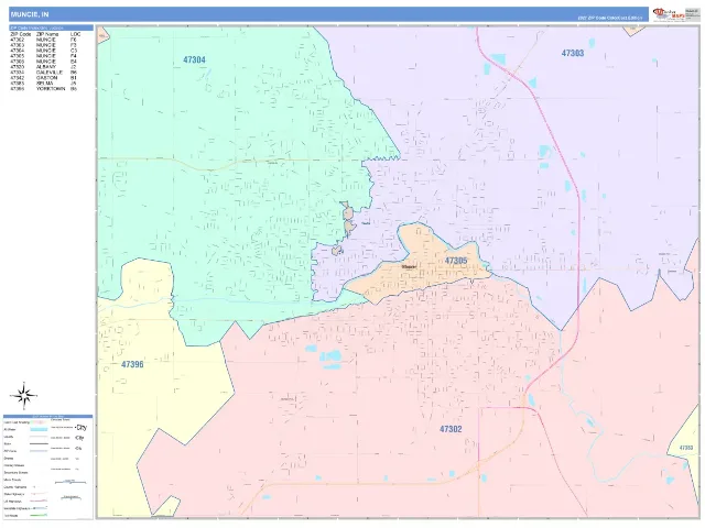 Muncie, IN ZIP Code Wall Map, ColorCast style