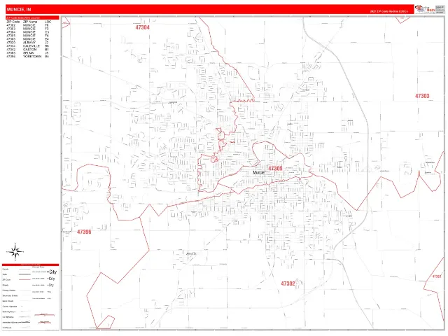 Muncie, IN ZIP Code Wall Map, RedLine style
