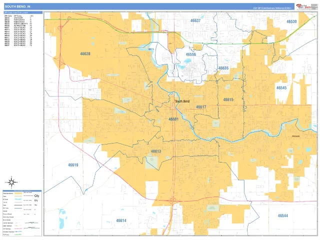 South Bend, IN ZIP Code Wall Map, Business Reference style
