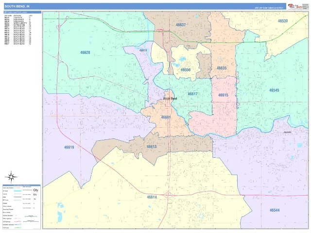South Bend, IN ZIP Code Wall Map, ColorCast style
