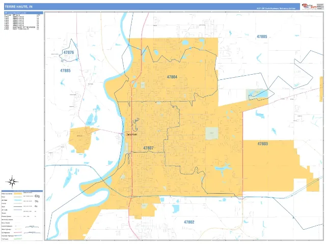 Terre Haute, IN ZIP Code Wall Map, Business Reference style