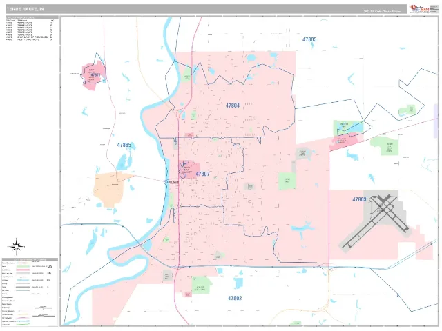 Terre Haute, IN ZIP Code Wall Map, Classic style