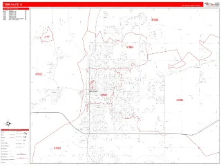 Terre Haute, IN RedLine style ZIP Code wall map