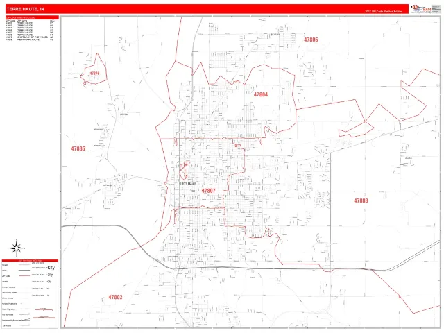 Terre Haute, IN ZIP Code Wall Map, RedLine style