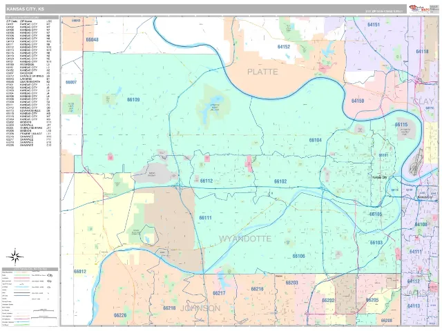 Kansas City, KS ZIP Code Wall Map, Classic style