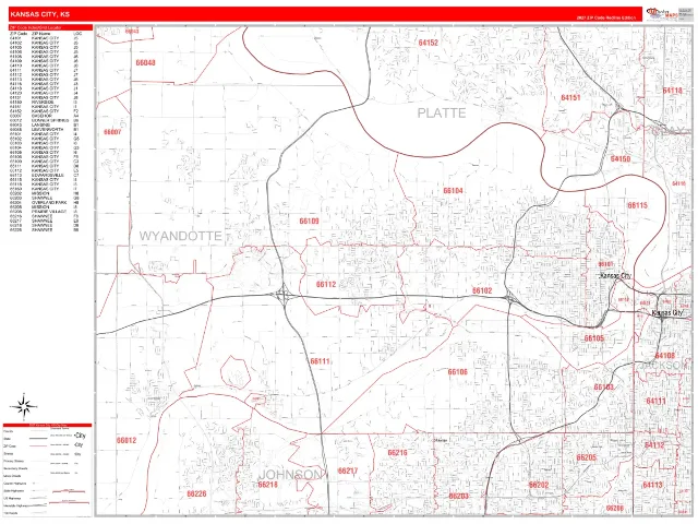 Kansas City, KS ZIP Code Wall Map, RedLine style