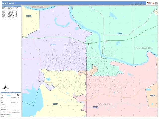 Lawrence, KS ZIP Code Wall Map, ColorCast style